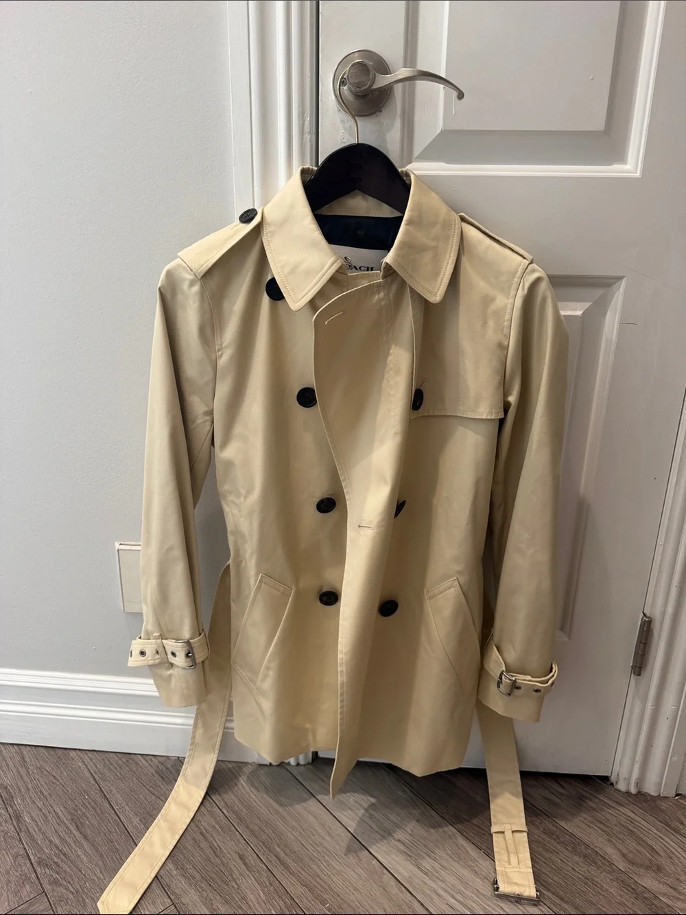 Coach Beige Double-Breasted Trench Coat with Black Buttons